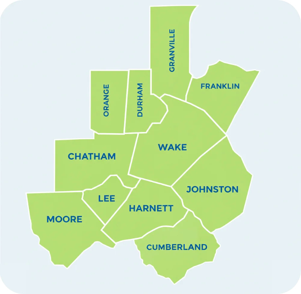 Map of the North Carolina counties served by Triangle Smart Divorce